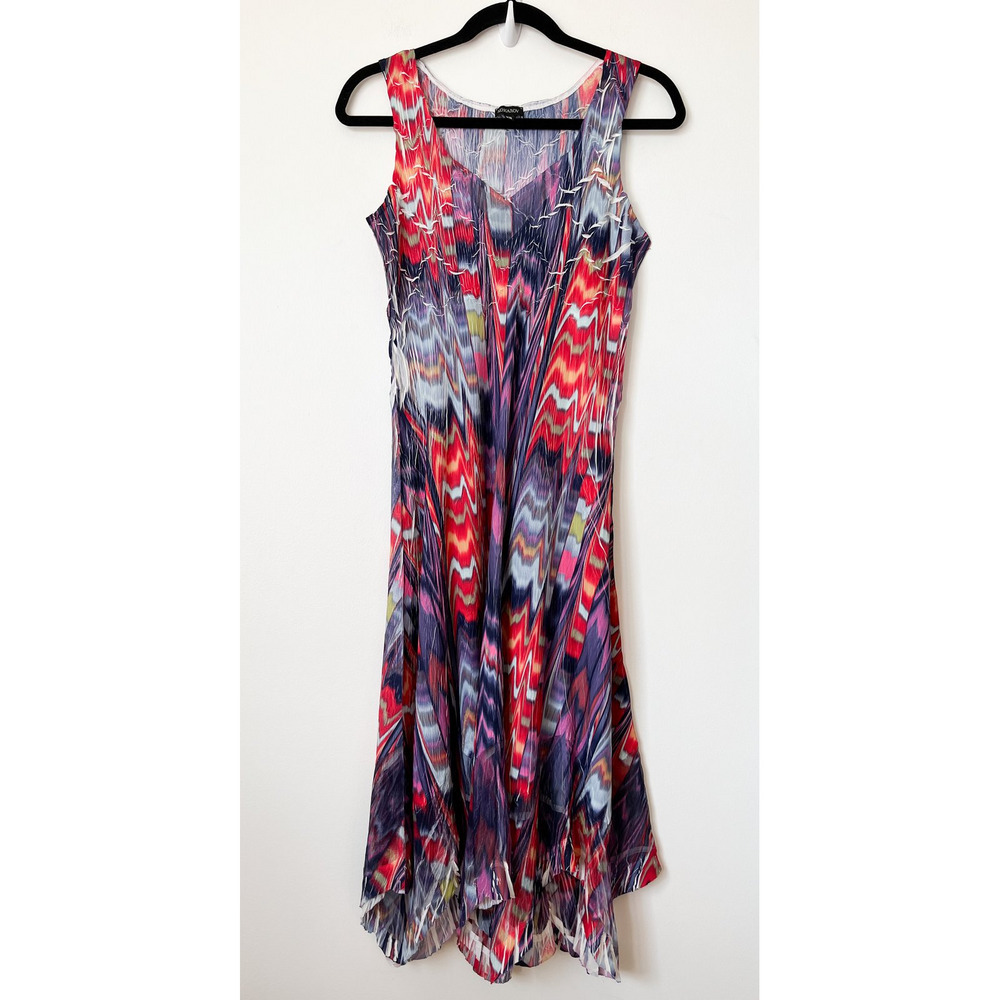 Komarov Sleeveless V-Neck Midi Dress Asymmetric Handkerchief Hem XS Multicolor
